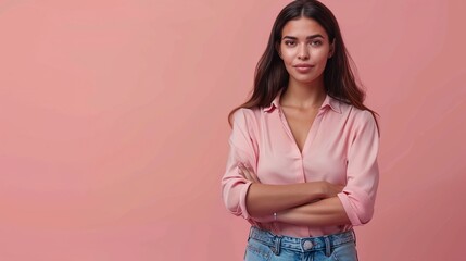 a friendly woman in casual attire standing with crossed arms, against a soft pink background, offering a warm and approachable look with space for text overlay