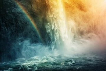 Poster - Huge waterfall cascading down rocky mountain creating rainbow and mist