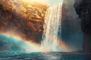Poster - Powerful waterfall cascading down rocky mountain with rainbow
