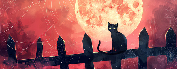 A black cat sits on the fence, behind it is full moon and cobwebs. watercolor style for children’s book on dark blue background, Halloween festival 