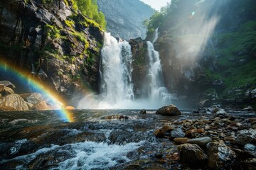 Poster - Powerful waterfall cascading down mountain with rainbow forming over rocks