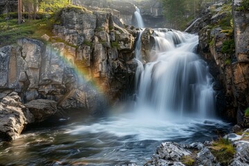 Poster - Double waterfall cascading down rocky mountain creating rainbow in river