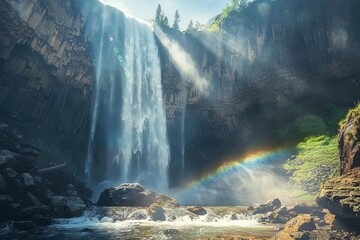 Poster - Sunlight creating rainbow over waterfall cascading down rocky mountain cliff