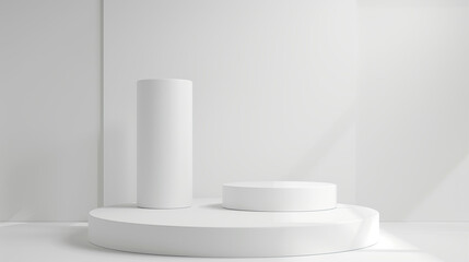Wall Mural - 3d render of white podium with three vertical blocks on the round platform,