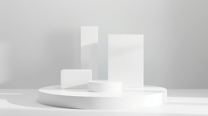 Wall Mural - 3d render of white podium with three vertical blocks on the round platform,