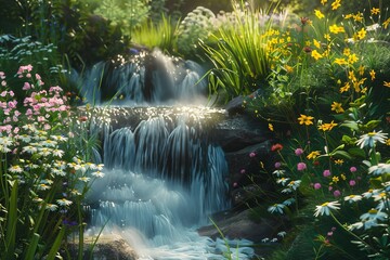 Poster - Small waterfall cascading over rocks in idyllic garden setting