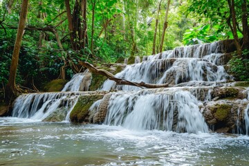 Poster - Beautiful waterfall cascading down rocks in green forest