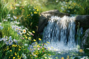 Poster - Small waterfall flowing on rocks in a field of flowers