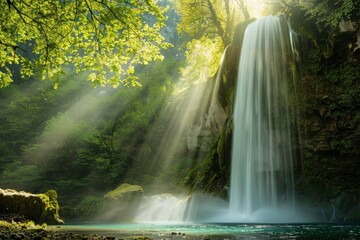 Poster - Sunlight illuminating waterfall cascading into tranquil pond