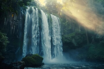 Poster - Sunlight is illuminating majestic waterfall cascading down lush cliff in tropical rainforest
