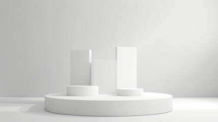 Wall Mural - 3d render of white podium with three vertical blocks on the round platform,