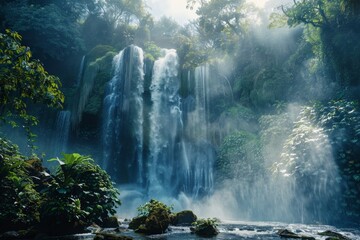 Poster - Sunlight shining through mist and waterfall in tropical rainforest