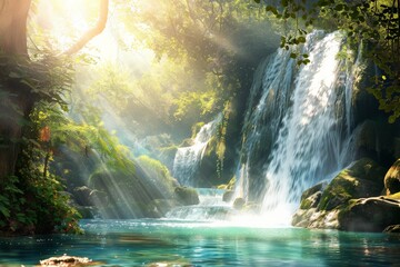 Poster - Sunlight filtering through trees illuminating spectacular waterfall cascading down moss covered rocks