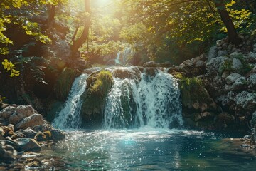 Poster - Waterfall cascading down rocks in idyllic sunny green forest
