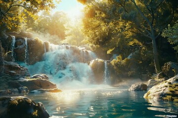 Poster - Sunlight illuminating a waterfall cascading down rocks in a forest
