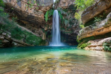 Poster - Waterfall cascading into tranquil turquoise pool in picturesque canyon