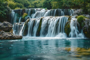 Poster - Picturesque waterfall cascading down lush green moss covered rocks in turquoise river