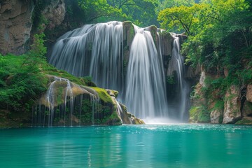 Poster - Waterfall cascading down lush green cliff into turquoise water