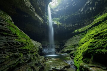 Poster - Waterfall cascading into cave opening illuminating green moss covered walls
