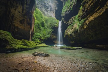 Poster - Waterfall cascading into a secluded grotto in the forest