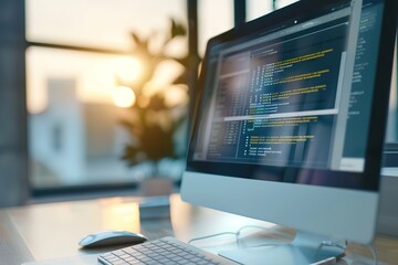 Poster - Computer screen with code, office setting, dusk lighting