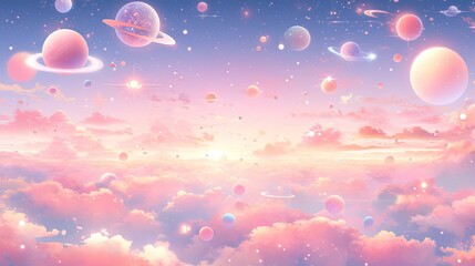 Wall Mural - Pastel space scene with colorful planets, soft glowing stars, and a whimsical pastel galaxy background.