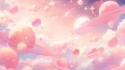 Wall Mural - Pastel space scene with colorful planets, soft glowing stars, and a whimsical pastel galaxy background.