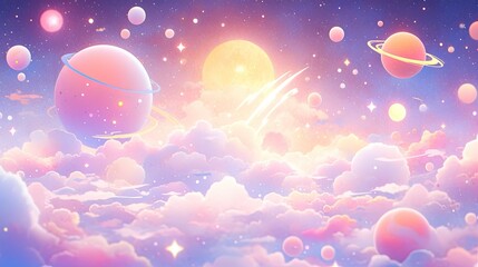 Wall Mural - Pastel space scene with colorful planets, soft glowing stars, and a whimsical pastel galaxy background.