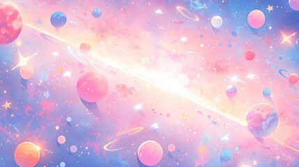 Wall Mural - Pastel space scene with colorful planets, soft glowing stars, and a whimsical pastel galaxy background.
