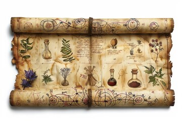 Vintage alchemy scroll with botanical illustrations, old scientific text, and ancient symbols on worn parchment, ideal for history or science themes.