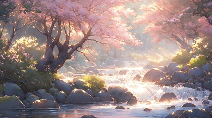 Wall Mural - Serene pastel forest scene with soft colored trees, gentle light filtering through the leaves, and a calm river running through.
