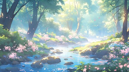 Wall Mural - Serene pastel forest scene with soft colored trees, gentle light filtering through the leaves, and a calm river running through.
