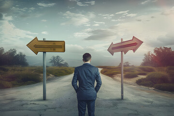 Wall Mural - Rear businessman in front of crossroad and signpost arrows shows two different courses, left and right direction to choose. Road splits in distinct direction ways. Difficult decision, choice concept.