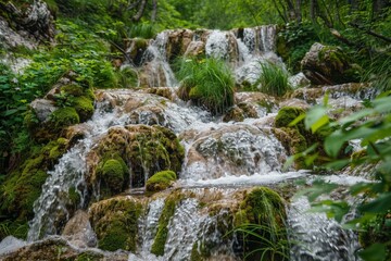 Poster - Water cascading over moss covered rocks in forest
