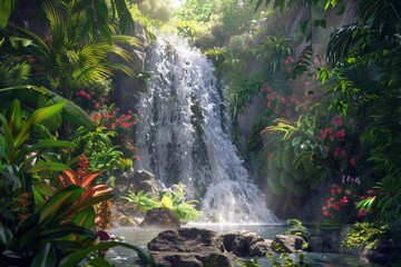 Poster - Tropical waterfall flowing down lush green foliage cliff