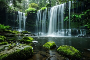 Poster - Pure water cascading over mossy rocks in lush rainforest