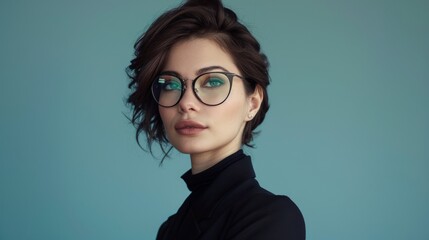 Wall Mural - A woman with glasses and a black shirt is standing in front of a blue background