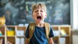© Dentma Art - A young boy stands in a classroom, his mouth open wide in a loud shout. His expression is one of anger or frustration.