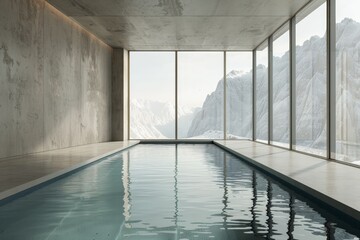 Poster - Modern indoor swimming pool offering stunning mountain views