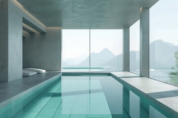 Poster - Modern minimalist indoor swimming pool overlooking mountains