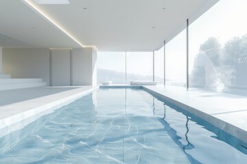 Aufkleber - Modern minimalist white home interior with swimming pool overlooking nature