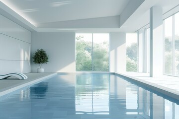 Poster - Modern minimalist indoor swimming pool overlooking green trees