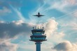 © scorpiries2004 - A commercial aircraft flying over an air traffic controller tower.