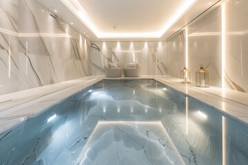 Poster - Modern indoor swimming pool design with marble tiles and lighting