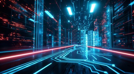 Poster - futuristic digital cityscape with glowing neon lines and circuitry