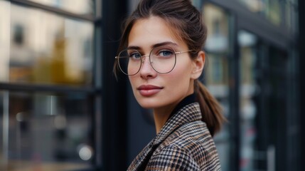 Wall Mural - A woman wearing glasses and a plaid jacket stands in front of a window