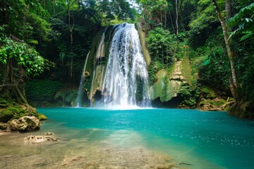 Poster - Tropical waterfall cascading into turquoise water in the jungle