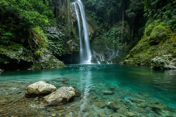 Poster - Waterfall cascading into tranquil turquoise pool in tropical rainforest