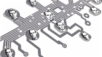 Poster - Black And White Illustration of Men Connected by Circuit Board