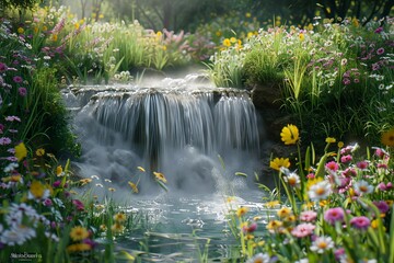 Poster - Small waterfall cascading into tranquil pond surrounded by flowers